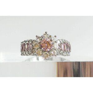 Pink Topaz & CZ Halo Crown Shaped 925 Sterling Silver Vintage Ring - sz 8